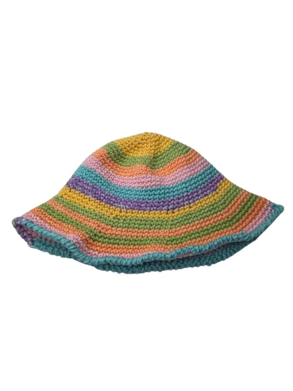 Pastel Rainbow Striped Crocheted Bucket Hat Handmade Kidcore Sun Cap